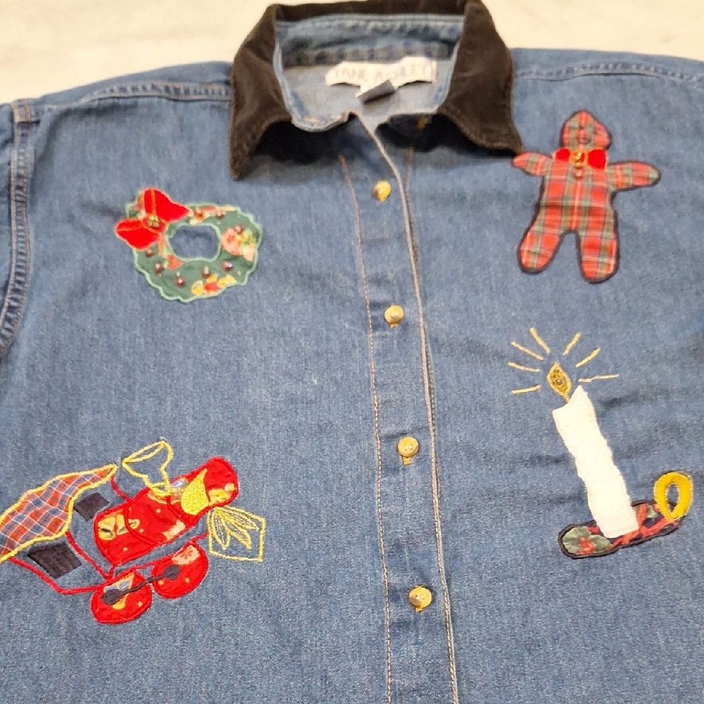 Vintage Jane Ashley Christmas Patchwork Blue Denim Shirt Sz S-L Oversized 80-90s